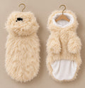Cream shaggy faux fur pet coat with a bear-ear hood, sleeves and a full white fleece lining, shown front and back