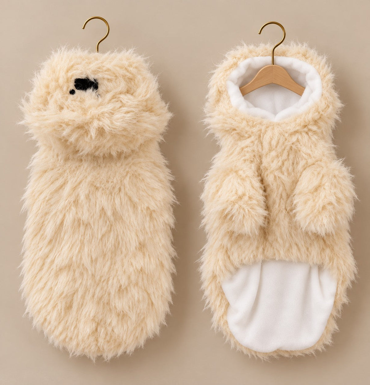 Cream shaggy faux fur pet coat with a bear-ear hood, sleeves and a full white fleece lining, shown front and back