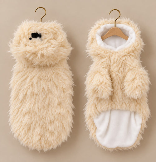 Cream shaggy faux fur pet coat with a bear-ear hood, sleeves and a full white fleece lining, shown front and back