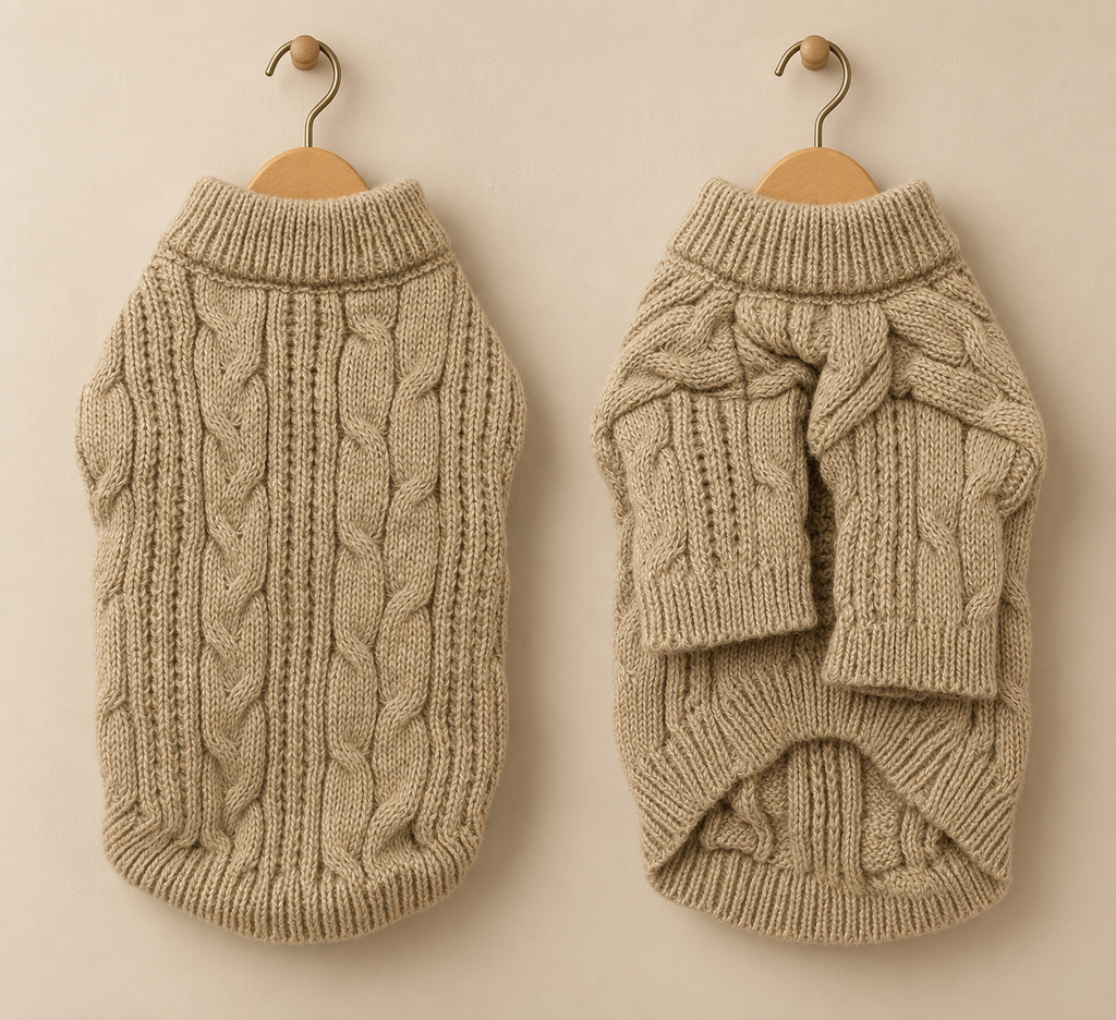 Oatmeal cable knit pet jumper with full sleeves and a ribbed turtleneck, shown front and back on hangers