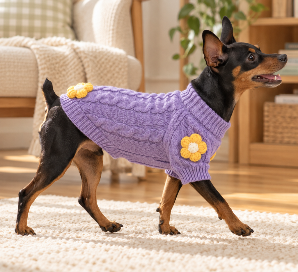 Small black and tan dog walking in the lilac daisy cable knit jumper