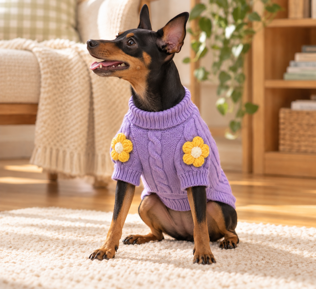 Small black and tan dog sitting in the lilac daisy cable knit jumper