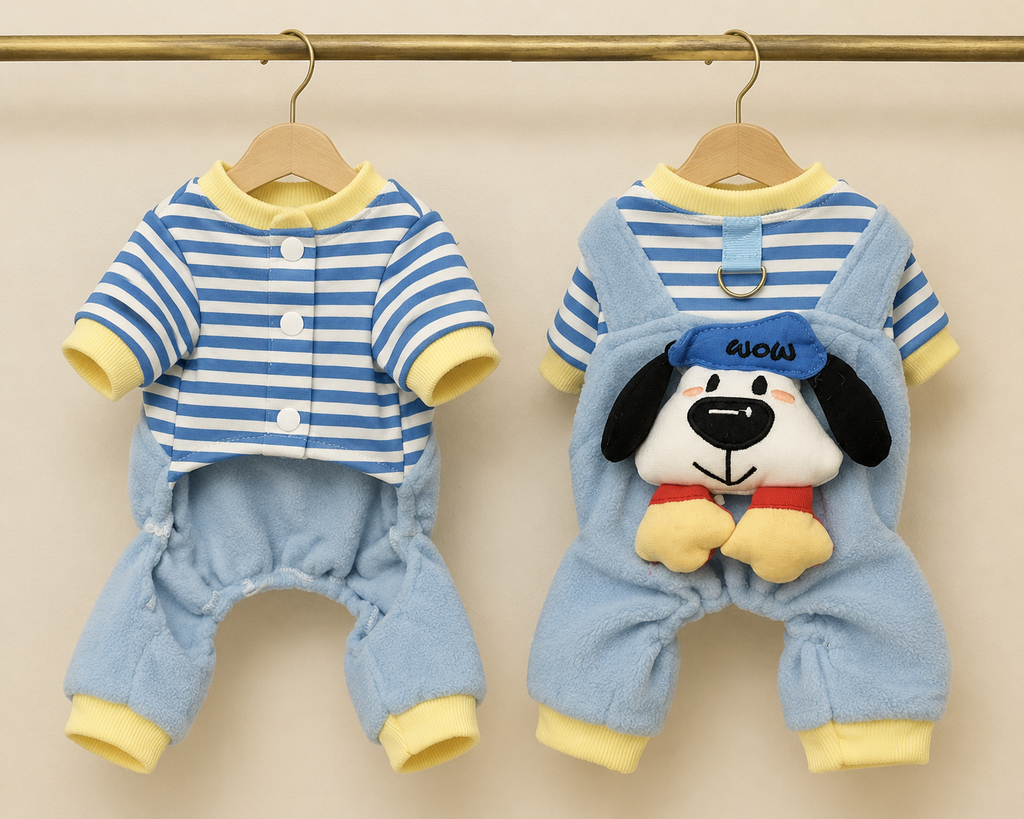 Stripe Puppy Dungaree Set — Blue
