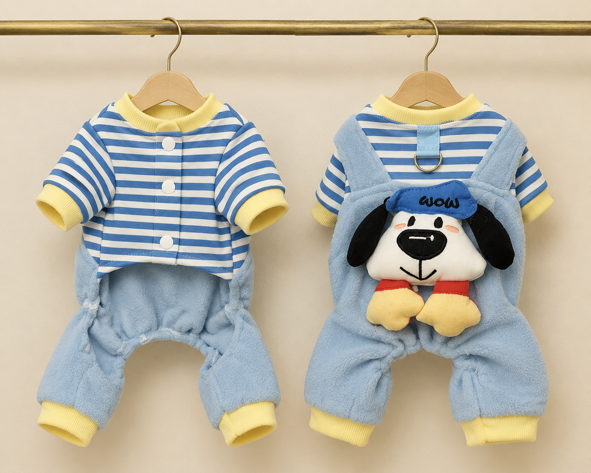 Stripe Puppy Dungaree Set — Blue