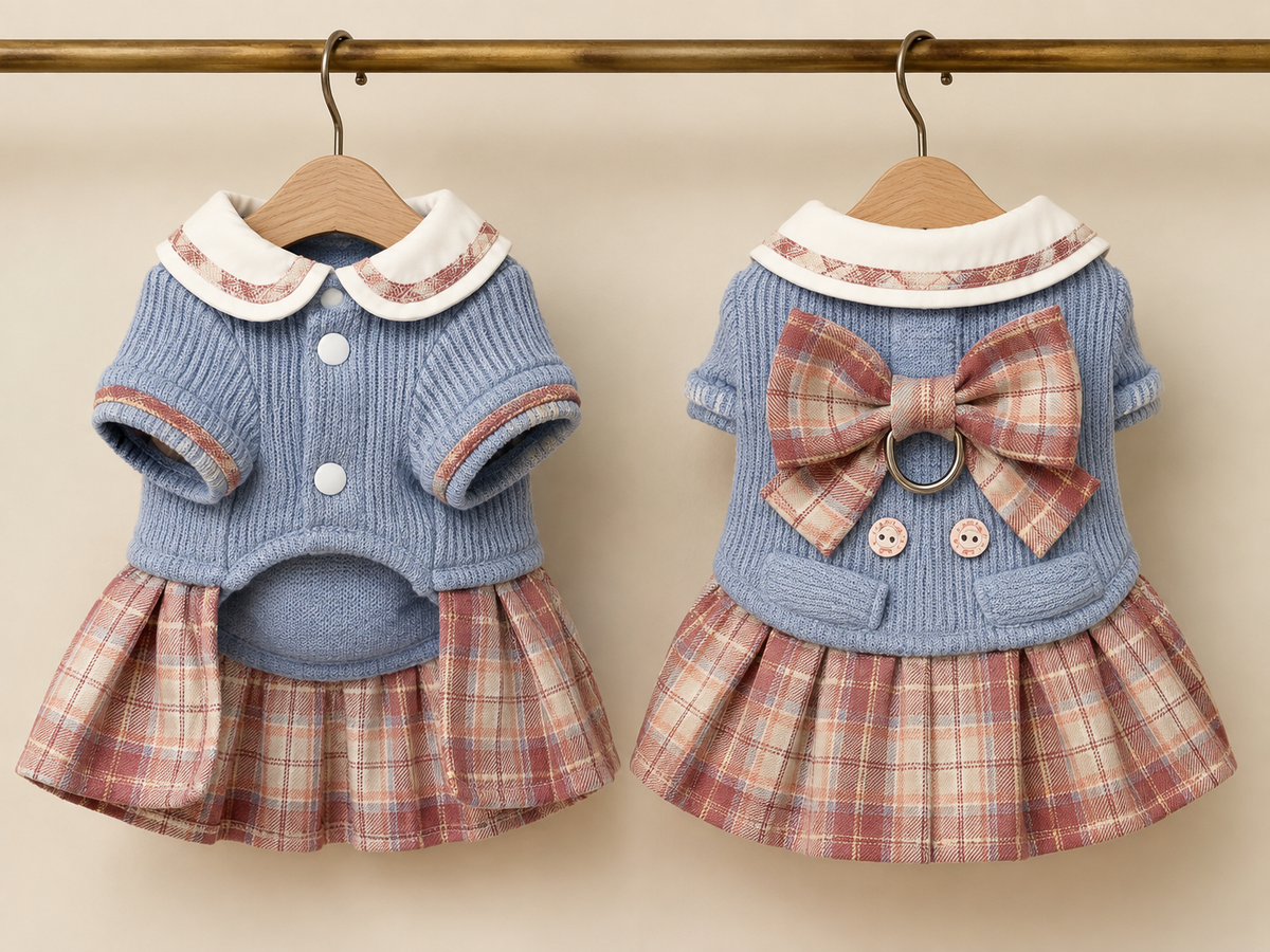 Plaid Pleat Collar Dress — Blue