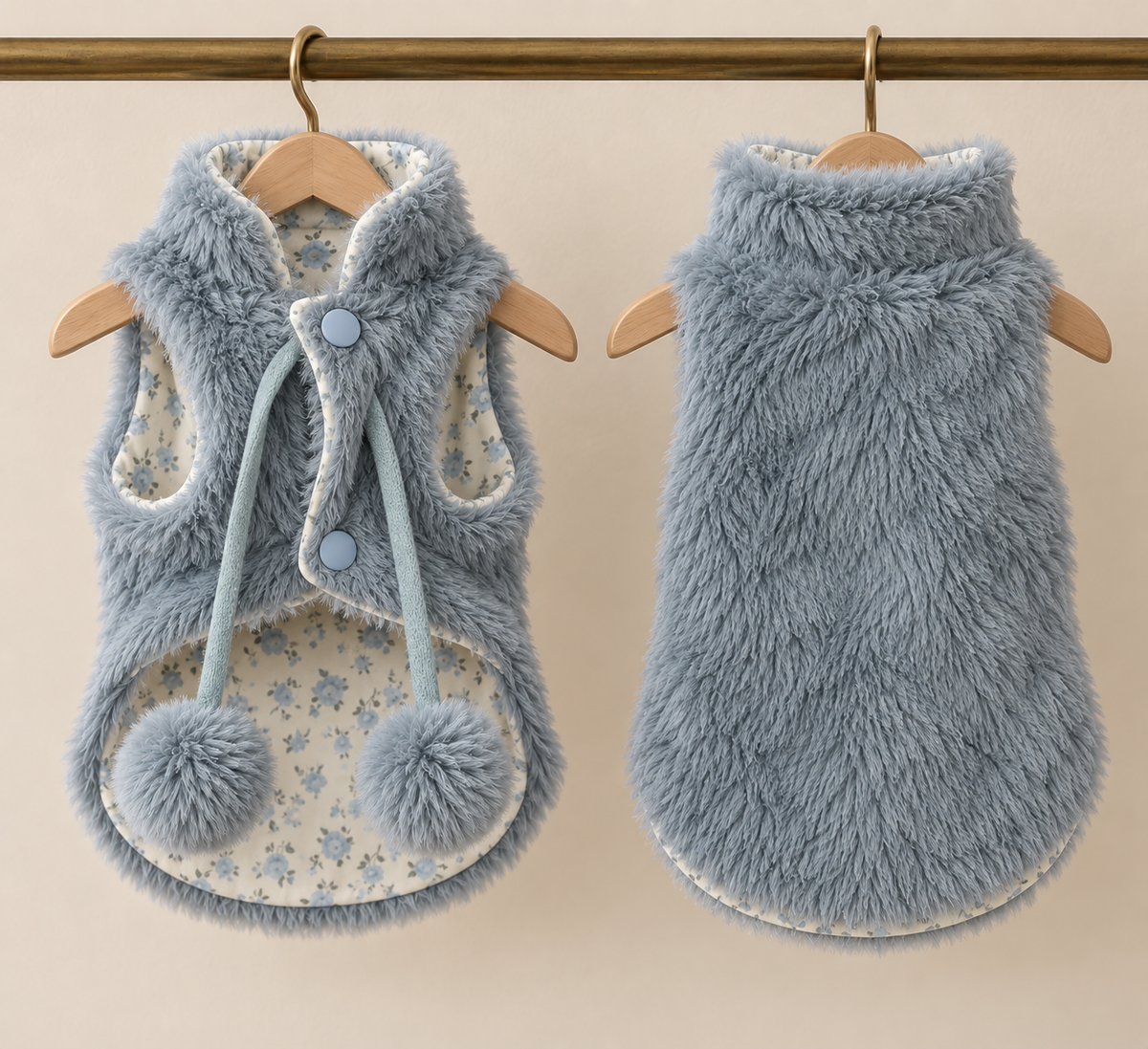 Reversible Faux Fur Pom Vest — Blue