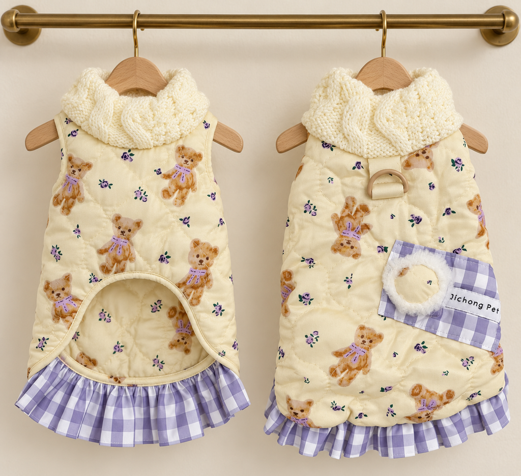 Teddy Print Gingham Dress — Cream