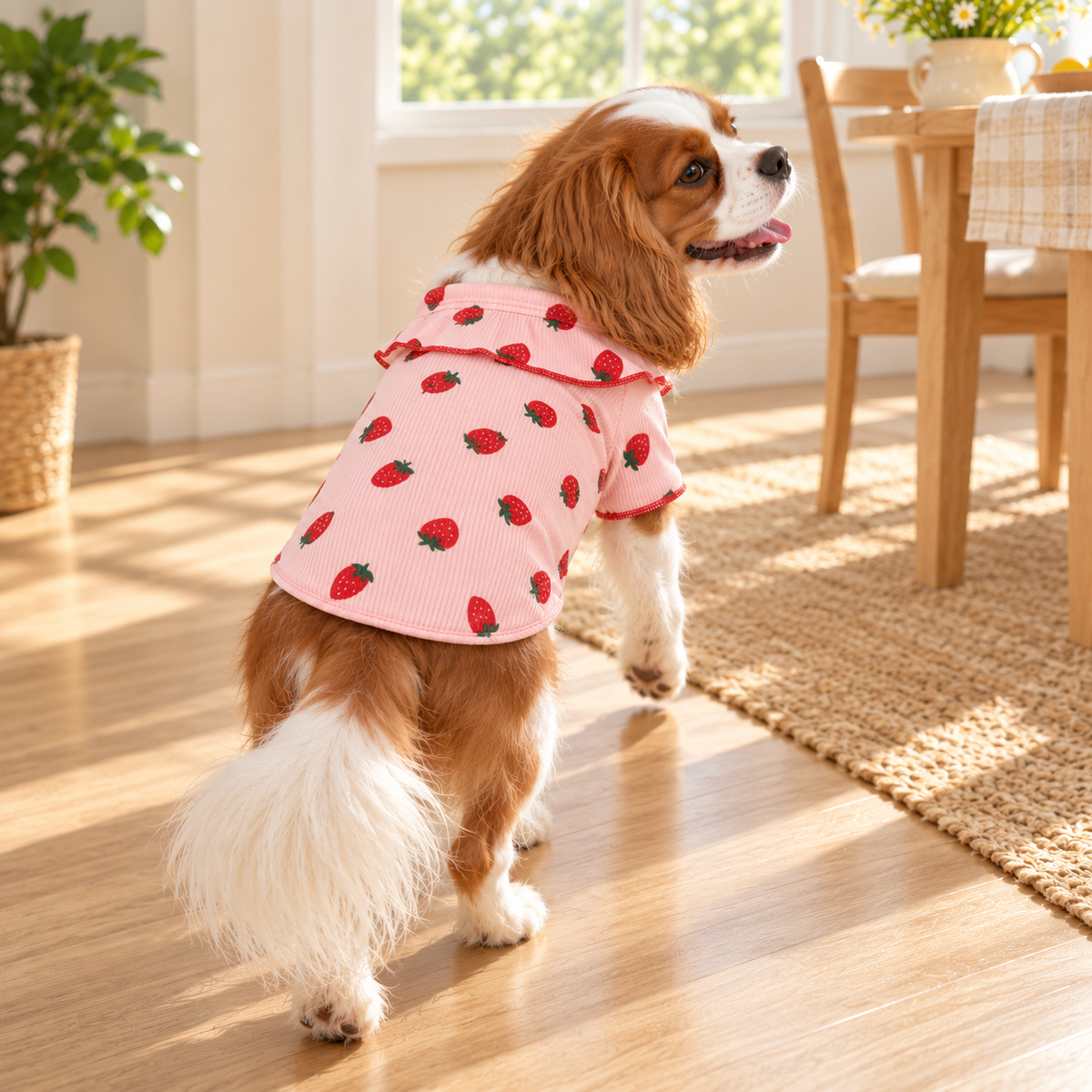 Strawberry Print Ruffle Hoodie — Pink