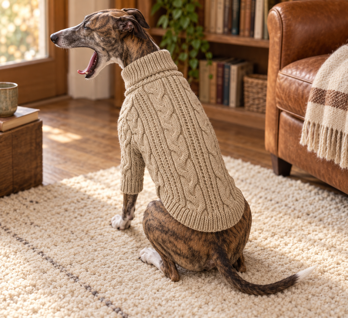 Brindle whippet sitting in the oatmeal cable knit jumper, turtleneck covering the throat