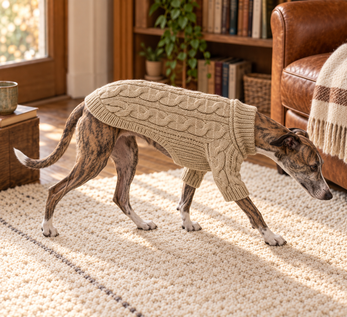 Brindle whippet walking in the oatmeal cable knit jumper