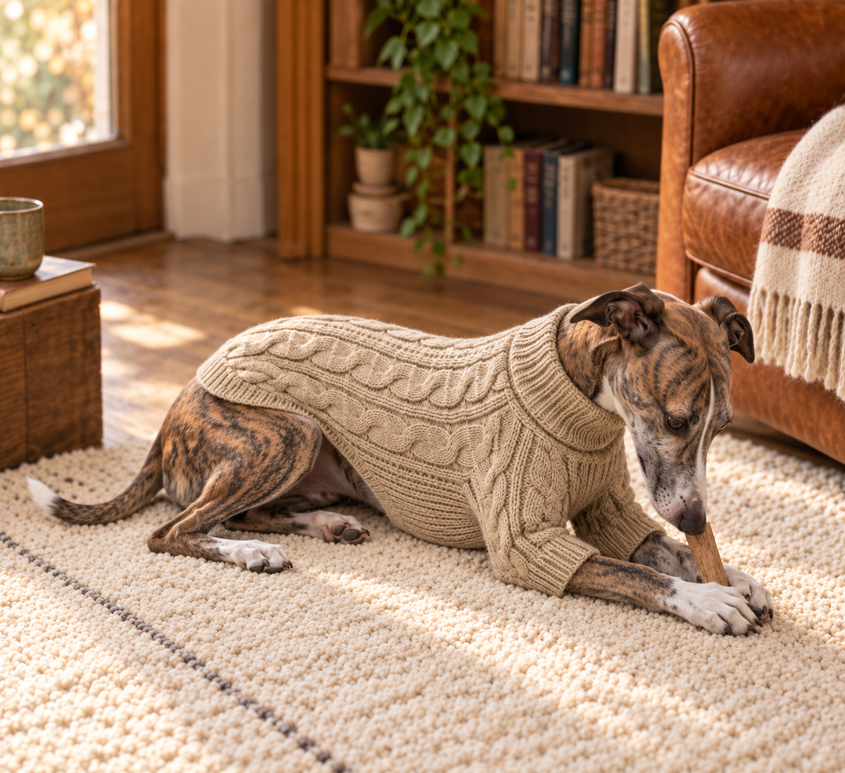 Brindle whippet lying down in the oatmeal cable knit jumper