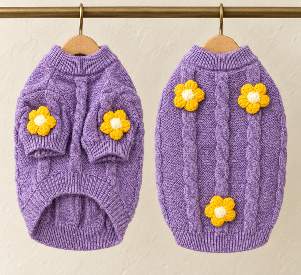 Lilac cable knit pet jumper with short sleeves and yellow crocheted daisies on the sleeves and back, shown front and back on hangers
