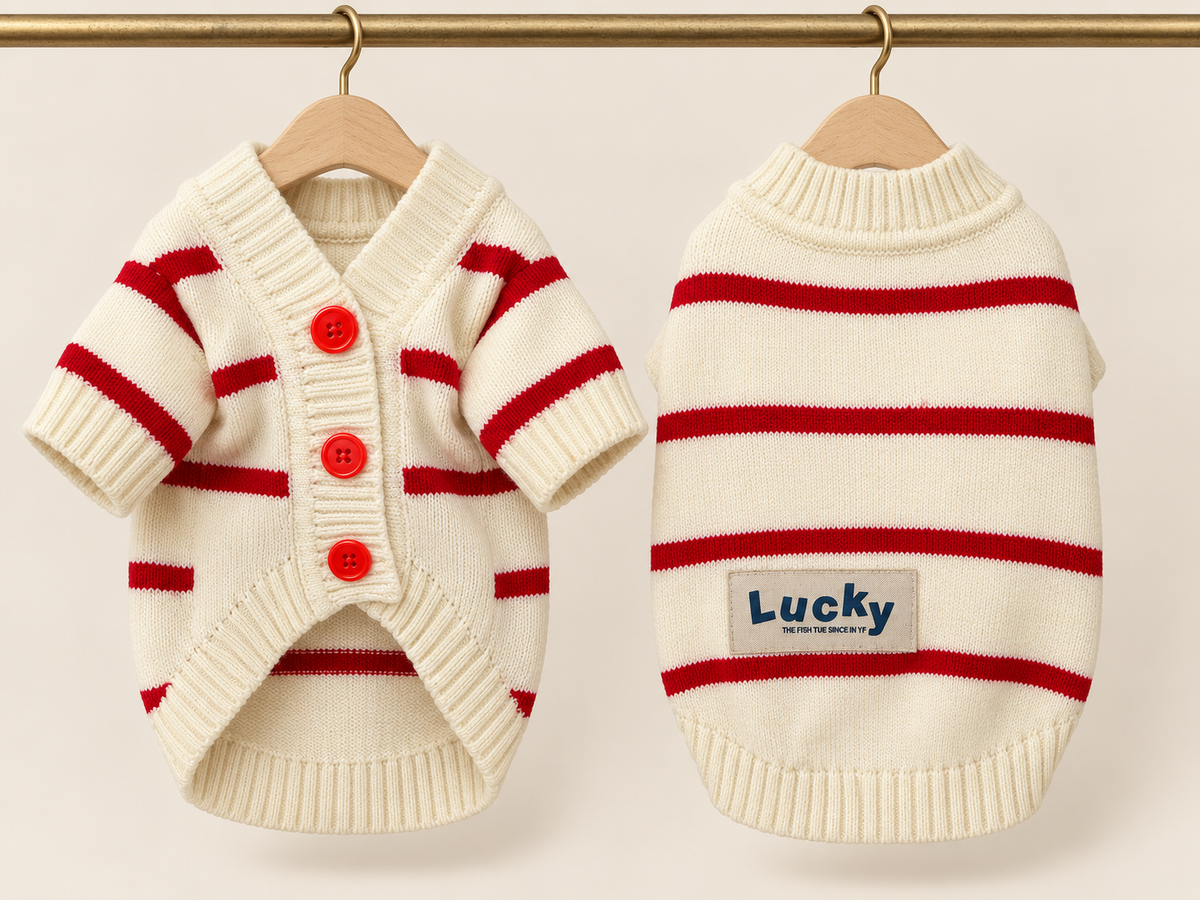 Cream and red striped knit pet jumper with a three button chest placket, ribbed roll collar and a Lucky patch on the back