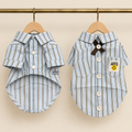 Pale blue and brown striped pet shirt with a turn down collar, twin chest pockets, brown bow and a Love Smile patch
