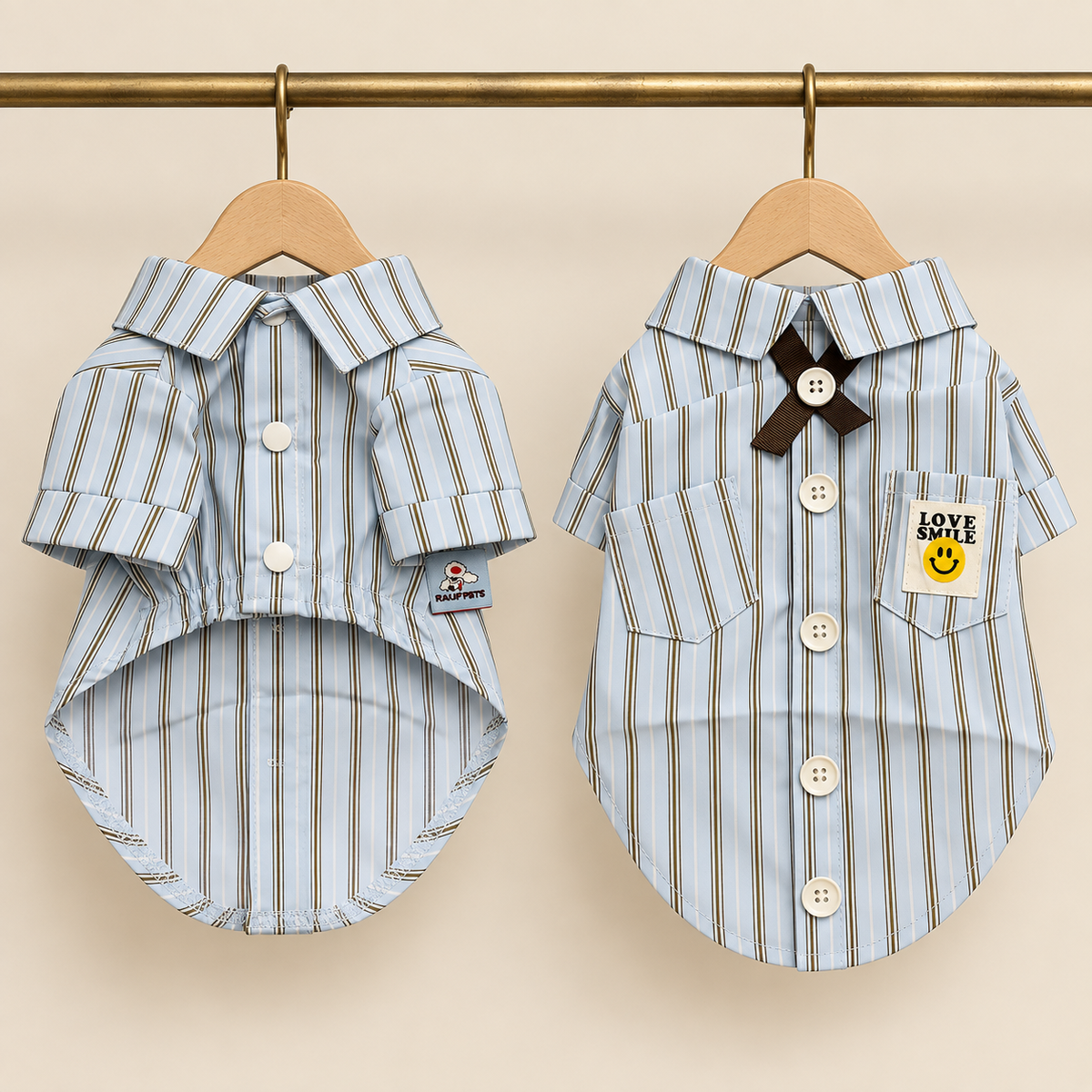 Pale blue and brown striped pet shirt with a turn down collar, twin chest pockets, brown bow and a Love Smile patch