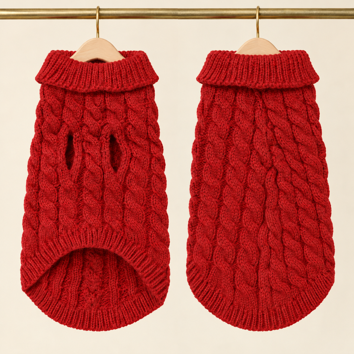 Deep red cable knit pet jumper with a folded roll neck and ribbed hem, shown front and back