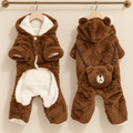 Brown sherpa pet onesie with four legs, a hood with bear ears, cream belly panel and a bear face pouch on the back
