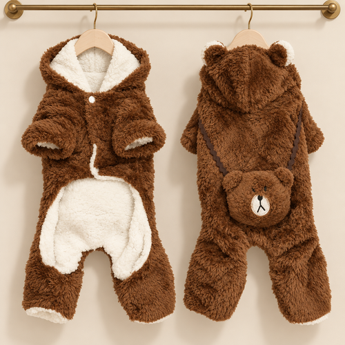 Brown sherpa pet onesie with four legs, a hood with bear ears, cream belly panel and a bear face pouch on the back