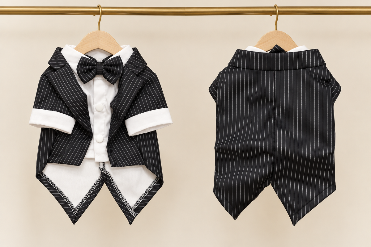 Black pinstripe pet tuxedo with tails, white shirt front, white cuffs and a pinstripe bow tie, shown front and back