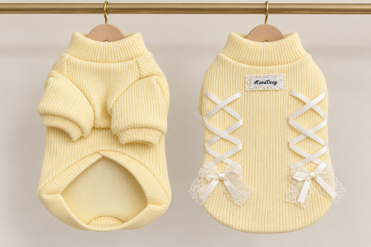 Butter-yellow rib knit pet jumper with a mock neck and ivory satin ribbon lacing and bows down the back