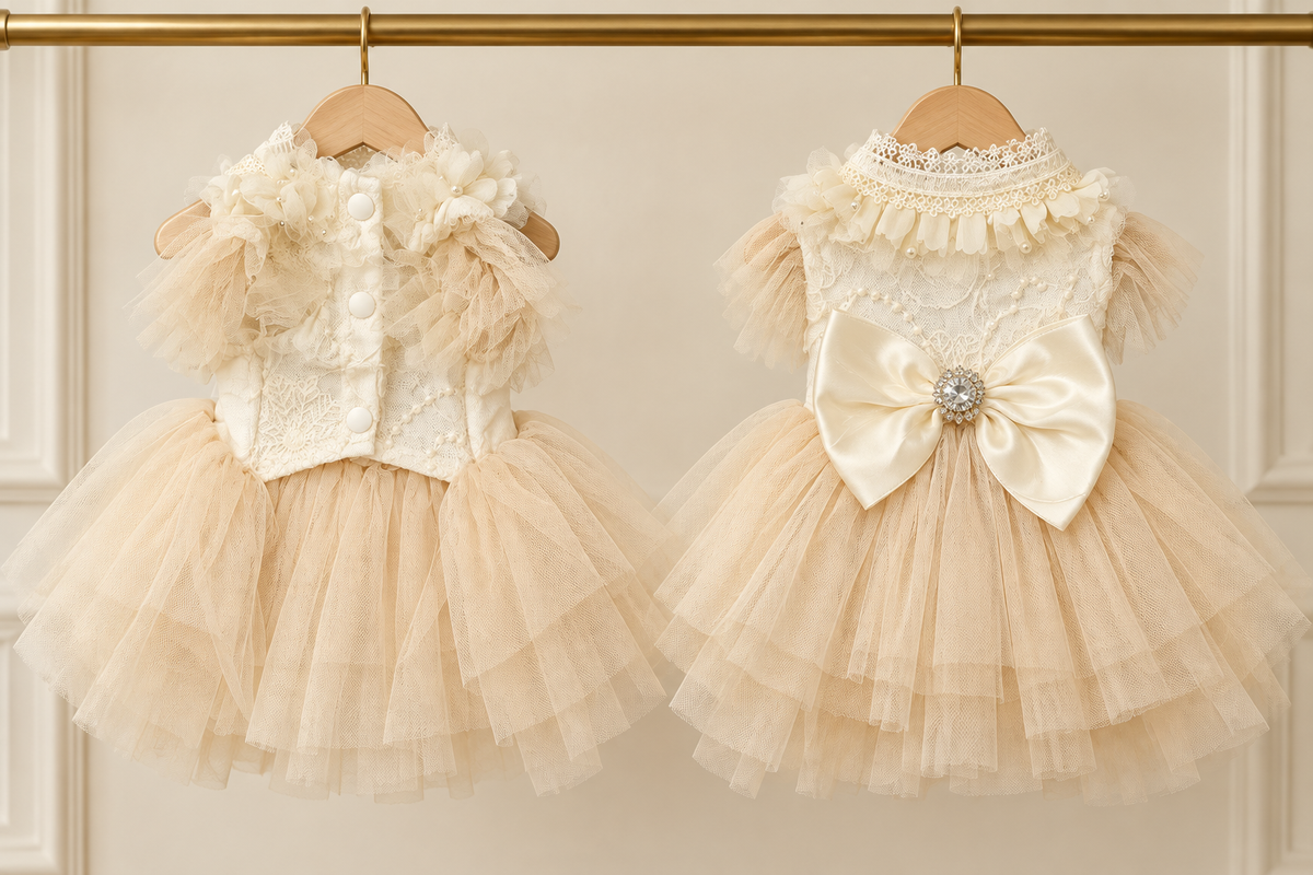 Champagne tulle pet dress with an ivory lace and pearl bodice, flutter sleeves and a satin bow with a rhinestone brooch