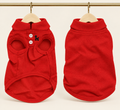 Red sleeveless pique pet polo with a collar, two white buttons and a small black embroidered poodle