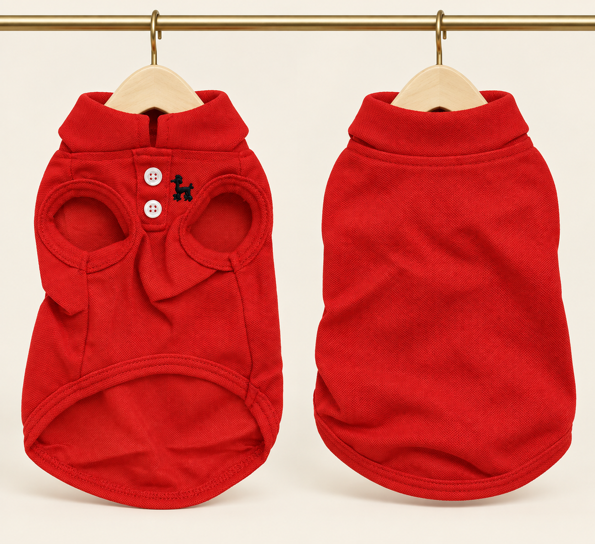 Red sleeveless pique pet polo with a collar, two white buttons and a small black embroidered poodle