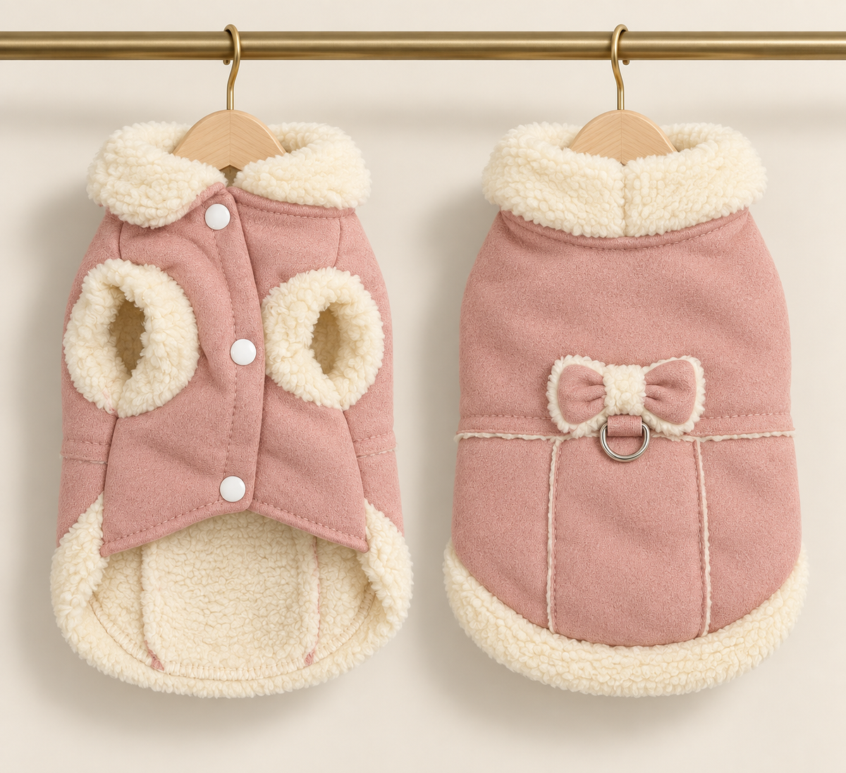 Blush suede-look pet coat with cream sherpa collar, trim and lining, press-stud front and a sherpa bow D-ring