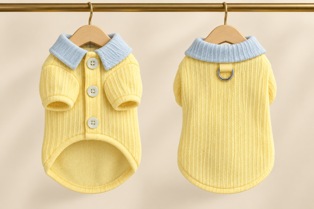 Butter-yellow cable texture pet polo with a powder-blue collar, three buttons and a lead D-ring on the back