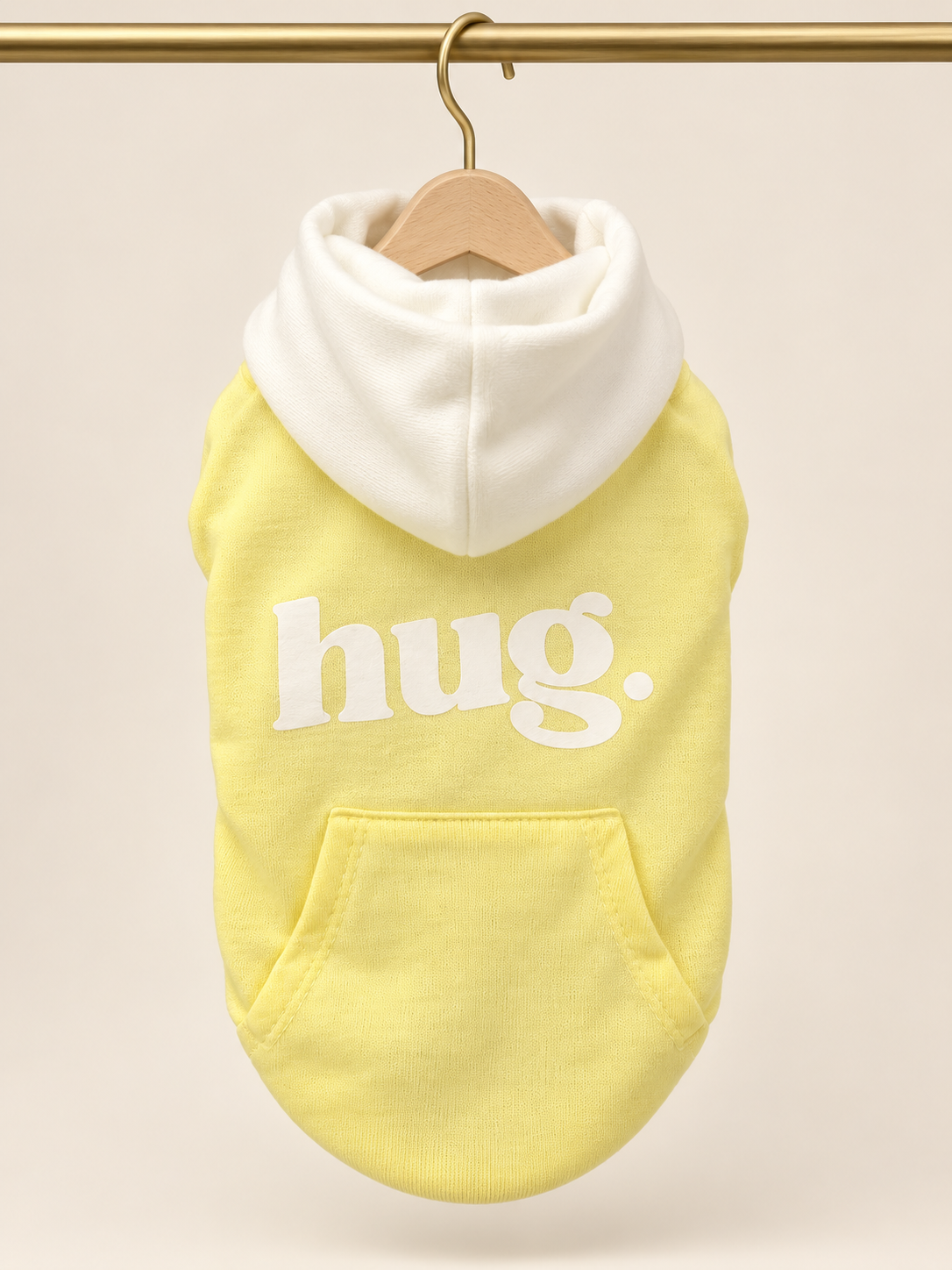 Lemon-yellow pet hoodie with a white hood, hug. printed on the back and a kangaroo pocket