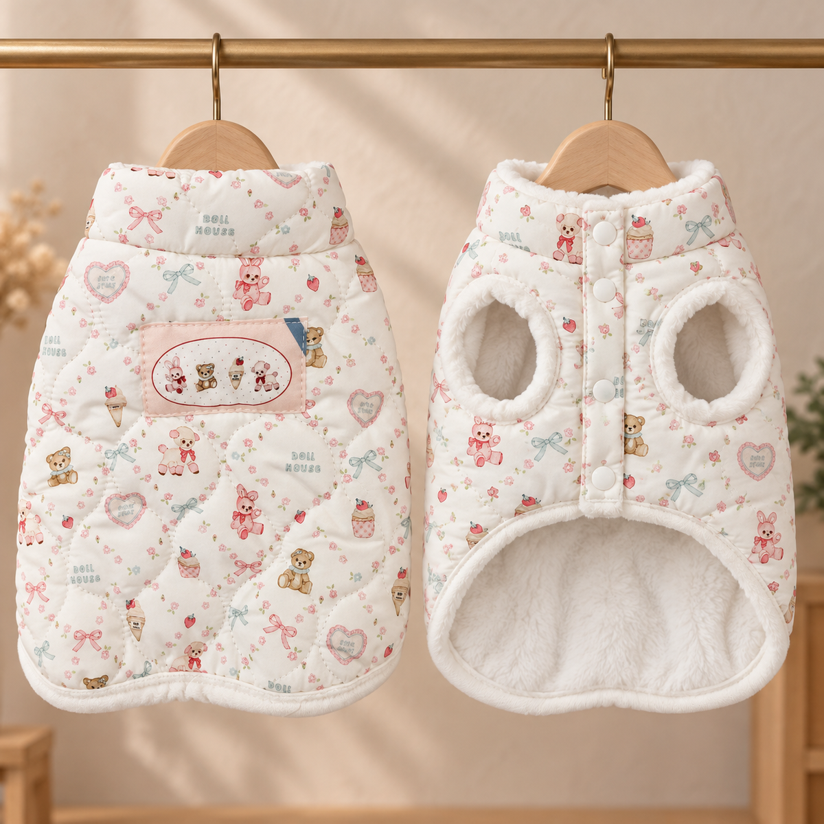 Cream quilted pet vest with a teddy, bunny and cupcake print, fleece trim and a press-stud front, shown back and front