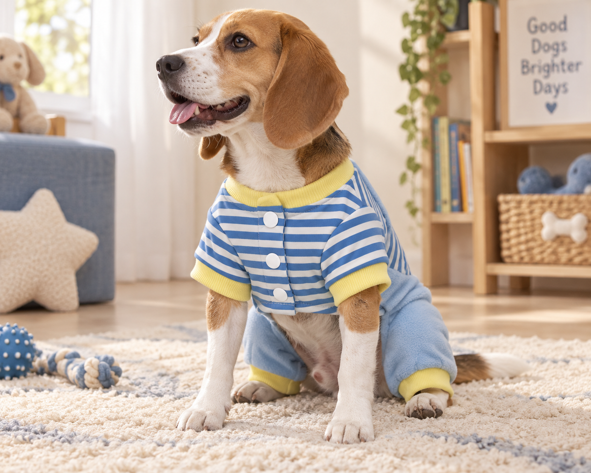 Stripe Puppy Dungaree Set — Blue