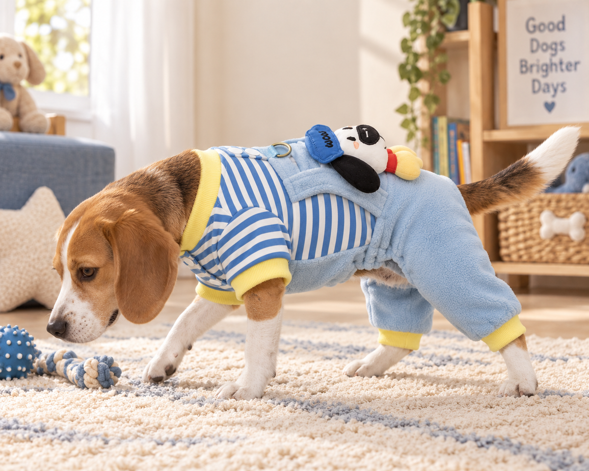 Stripe Puppy Dungaree Set — Blue